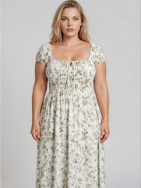 Smocked Square-Neck Floral Maxi Dress in Cream and Olive
